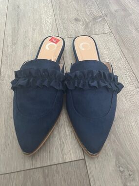 Suede Ruffle Mule Flats - Navy Women Shoes